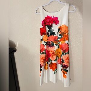 Dress Barn Floral Midi Dress - White with Pink and Orange- Fits Like a Small